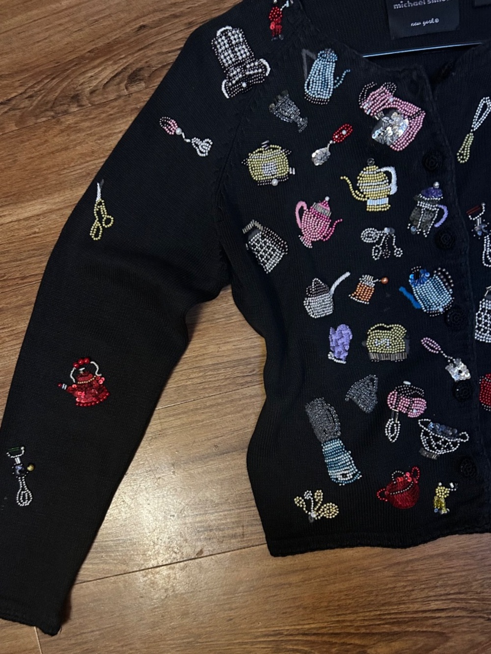Michael Simon Beaded Kitchen Appliance Black Sweater Rare Size M - Picture 2 of 6